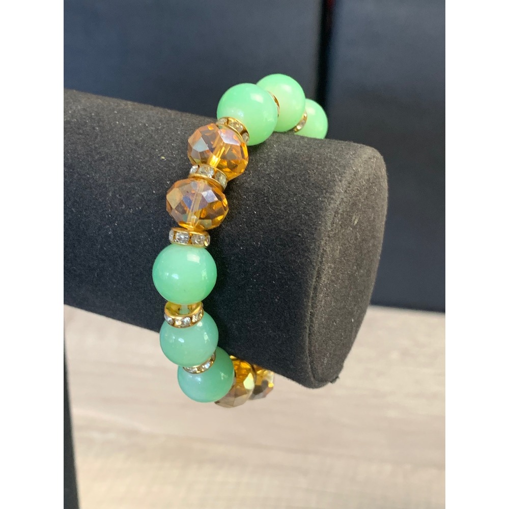 Mint Green and Amber Beaded Stretch Bracelet with Rhinestone Spacers 4520
